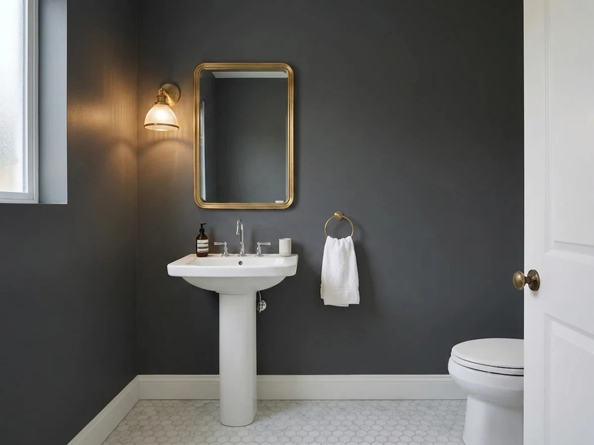 Iron Ore — black powder room painted in Iron Ore