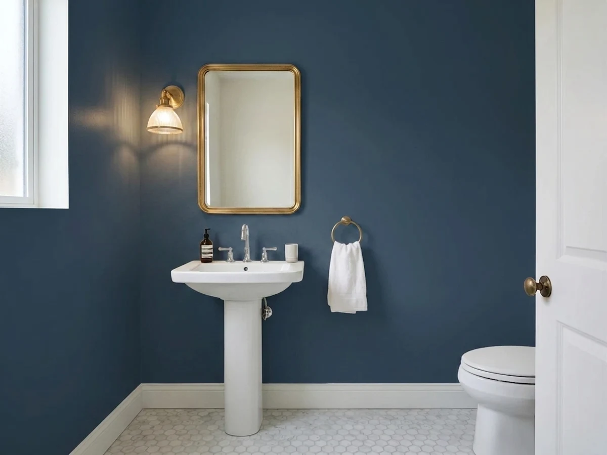 color-drenched navy — trending blue powder room colors 2026