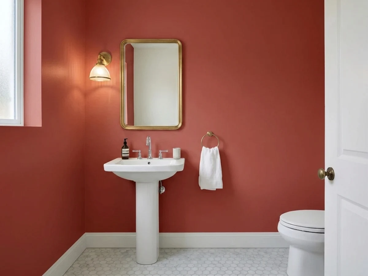 Sherwin-Williams Red Tomato in a powder room
