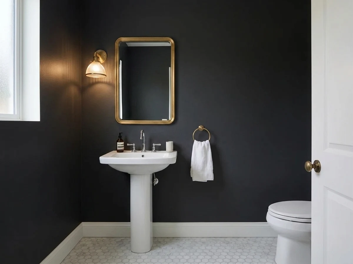Valspar Dark Kettle Black in a powder room