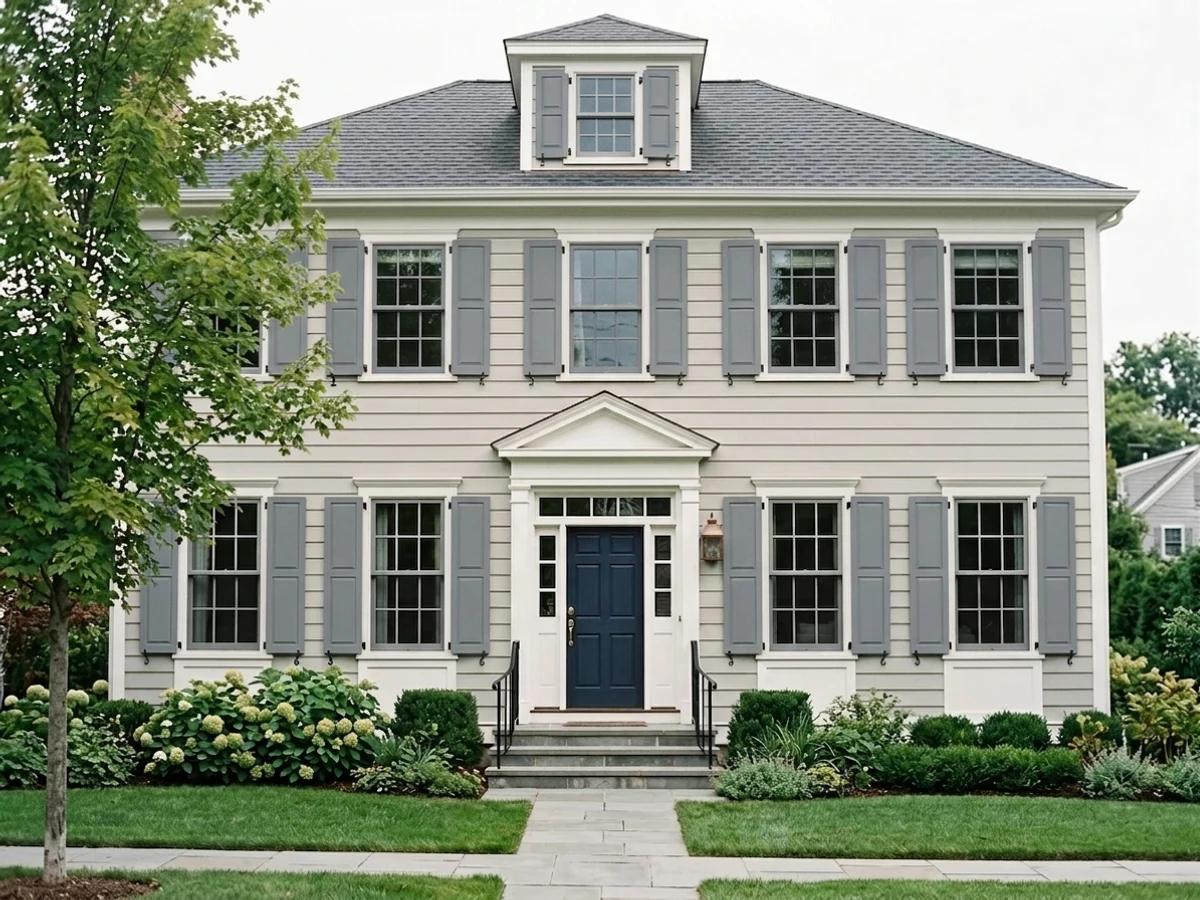 warm slate-blue shutters — trending blue shutters colors 2026