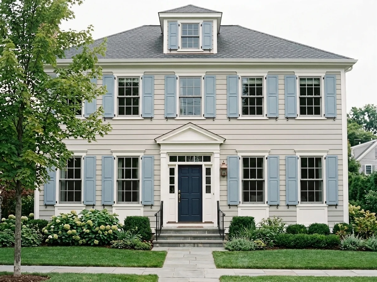 saturated blue on neutral siding — trending blue shutters colors 2026