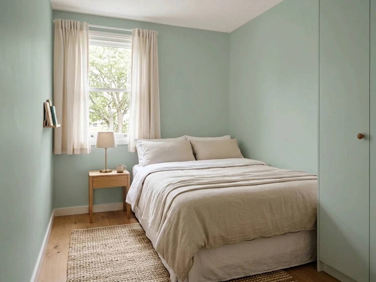 Benjamin Moore Beach Glass in a small bedroom
