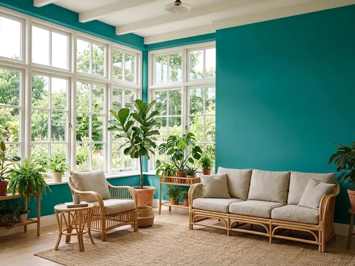 Benjamin Moore Teal in a sunroom