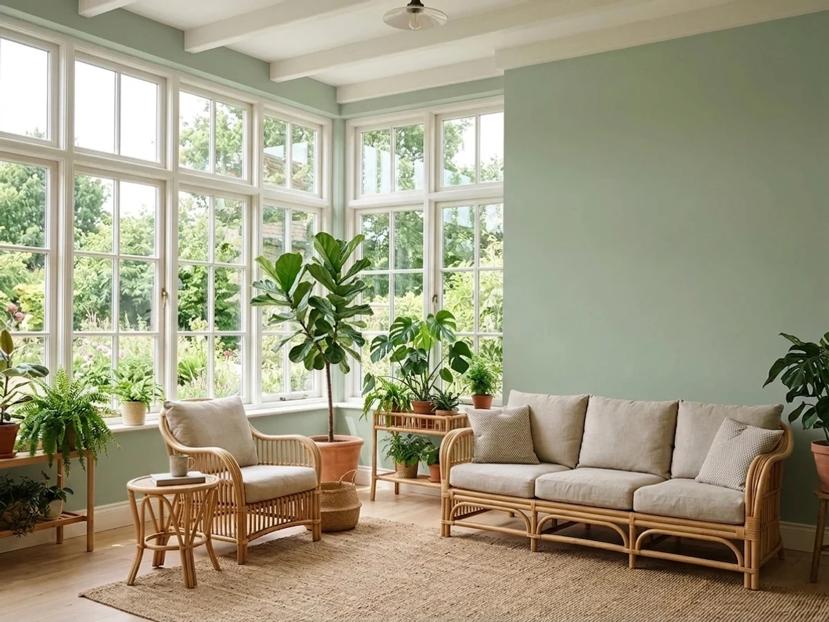fresh mid-tone green trim — trending green sunroom colors 2026