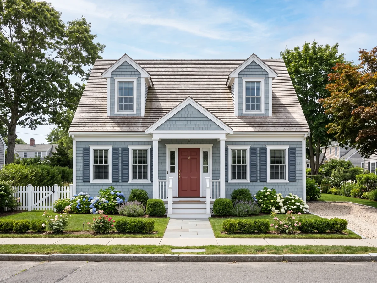 Cape Cod house exterior painted in blue-gray · white