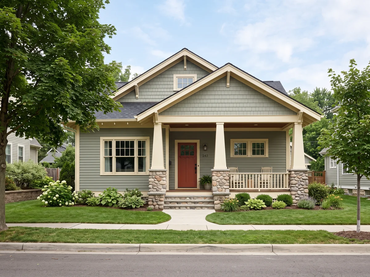 Craftsman house exterior painted in Pewter Green · cream