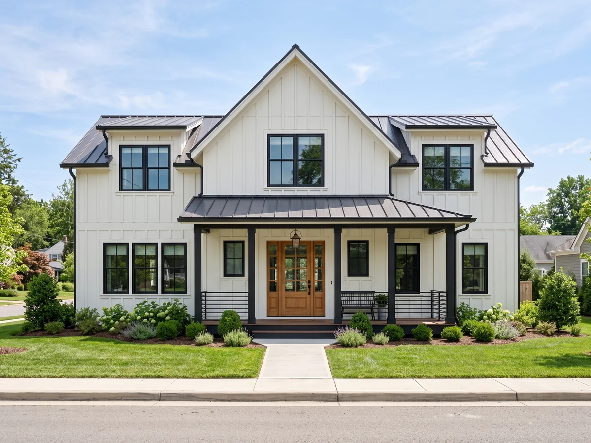 Modern Farmhouse house exterior painted in Alabaster · Tricorn Black