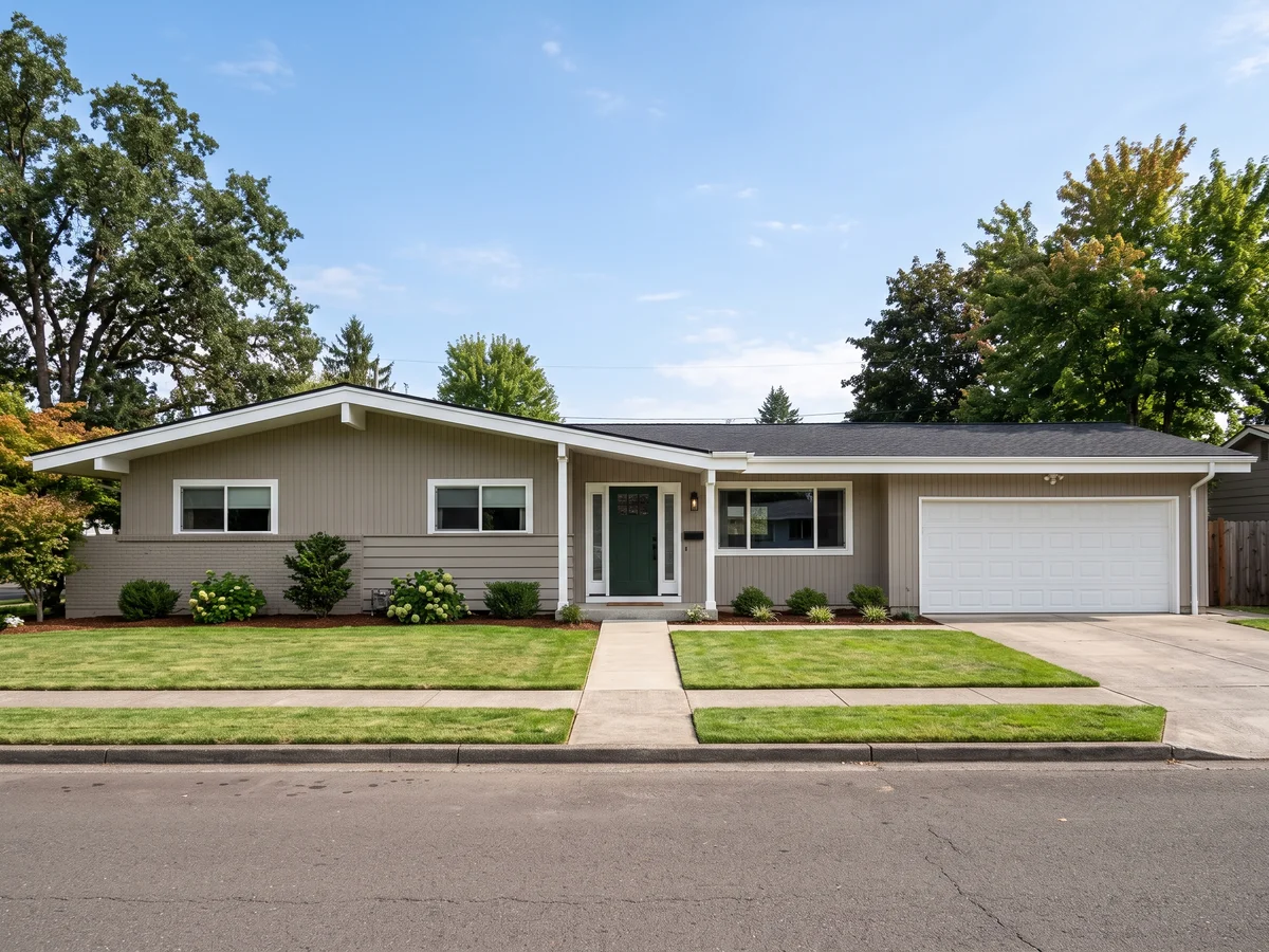 Ranch house exterior painted in Agreeable Gray · white