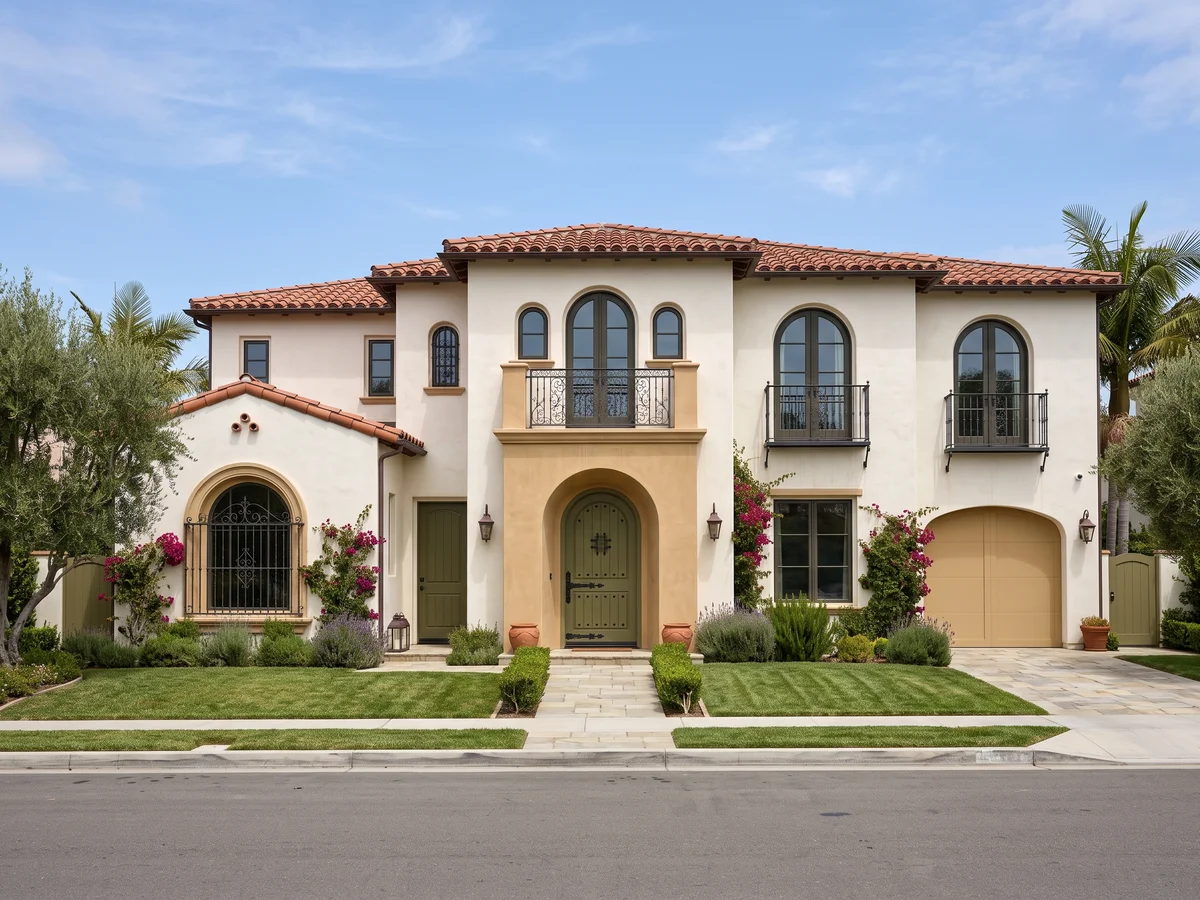 Stucco & Mediterranean house exterior painted in warm white · olive