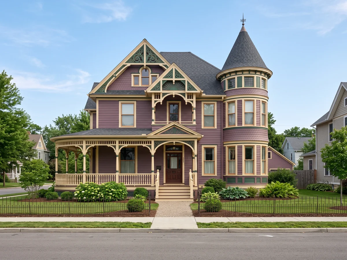Victorian house exterior painted in plum · cream · green
